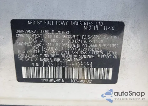 2011 Subaru Forester 2.5X from USA, damaged, VIN JF2SHBBC5BH726284